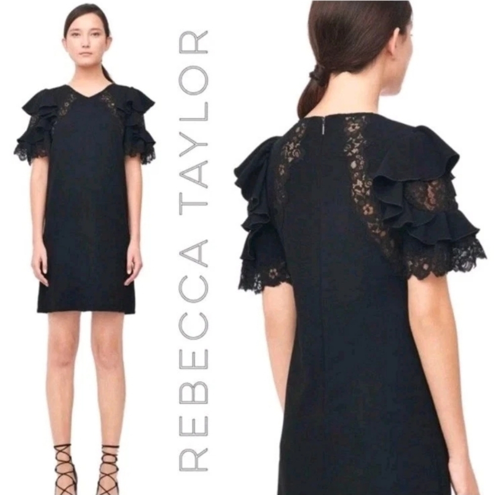 Rebecca Taylor Crepe Lace Evening Party Dress Size 0 Black